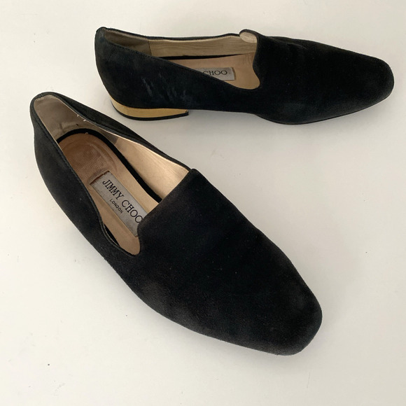 Jimmy Choo Jaida Black Suede Square Toe Smoking Slipper Flat Gold Heel 36 5.5 - Picture 5 of 16